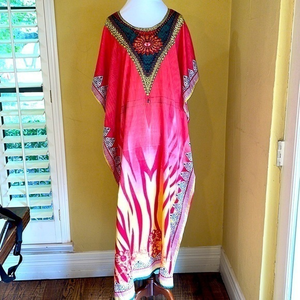 NWT Red Yellow‎ Zebra Print Super Flowy Caftan Resort Lounge